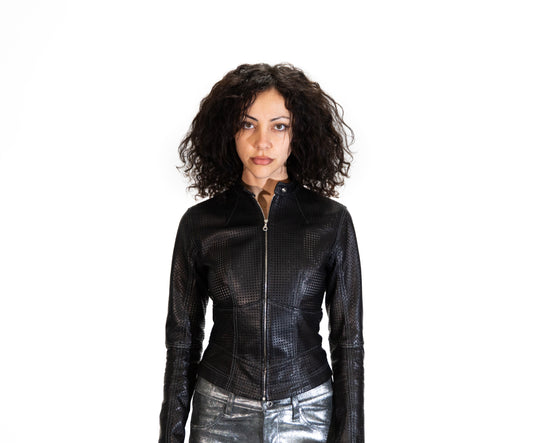 BLACK PERFORATED LEATHER CORSET JACKET