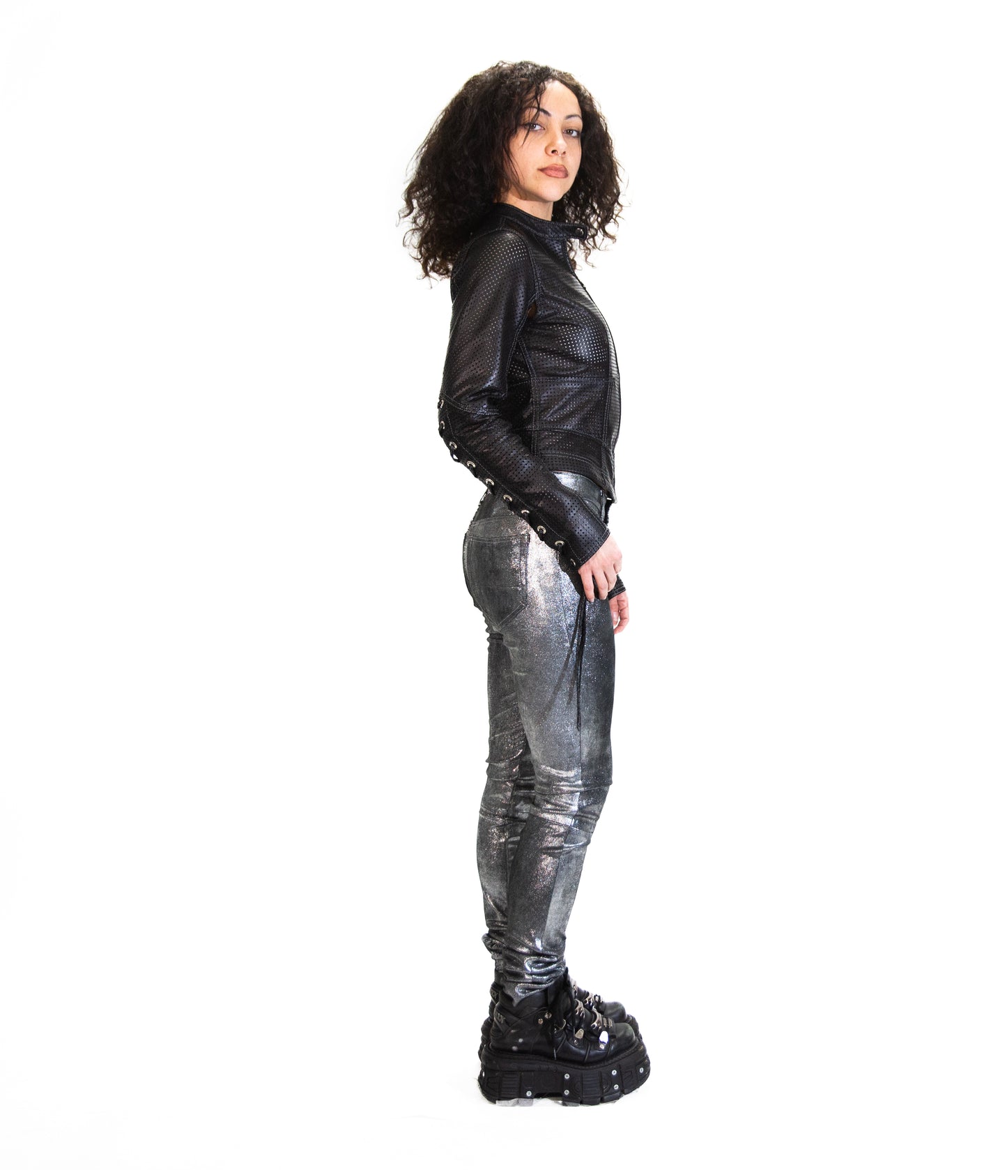 BLACK PERFORATED LEATHER CORSET JACKET