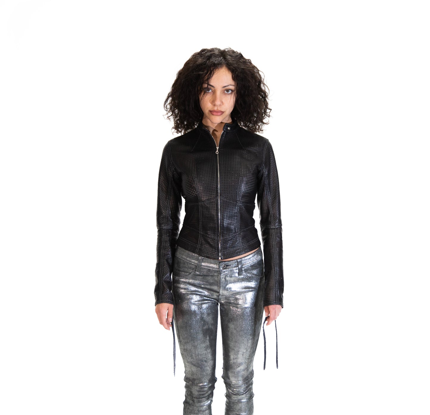 BLACK PERFORATED LEATHER CORSET JACKET