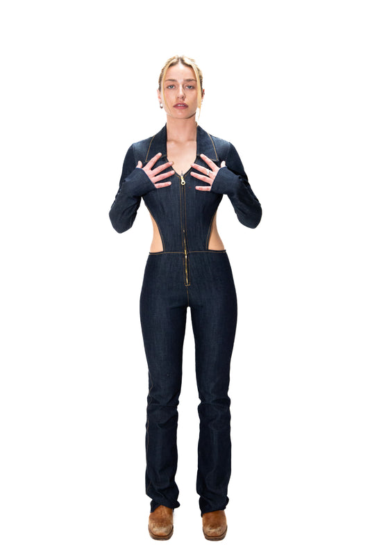 INDIGO STRETCH DENIM BACKLESS CATSUIT