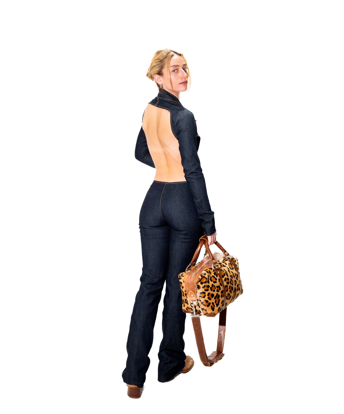 TAN LEOPARD PRINT CALF LEATHER DUFFLE BAG