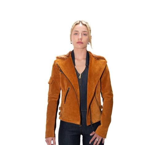 TOBACCO ITALIAN CALF SUEDE SHEARLING HOODED JACKET