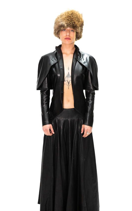 BLACK CAPE SHOULDER MANDARIN COLLAR JACKET