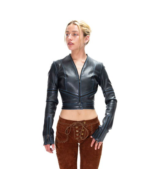 OCEAN BLUE FRENCH MAGIC STRETCH LEATHER JACKET