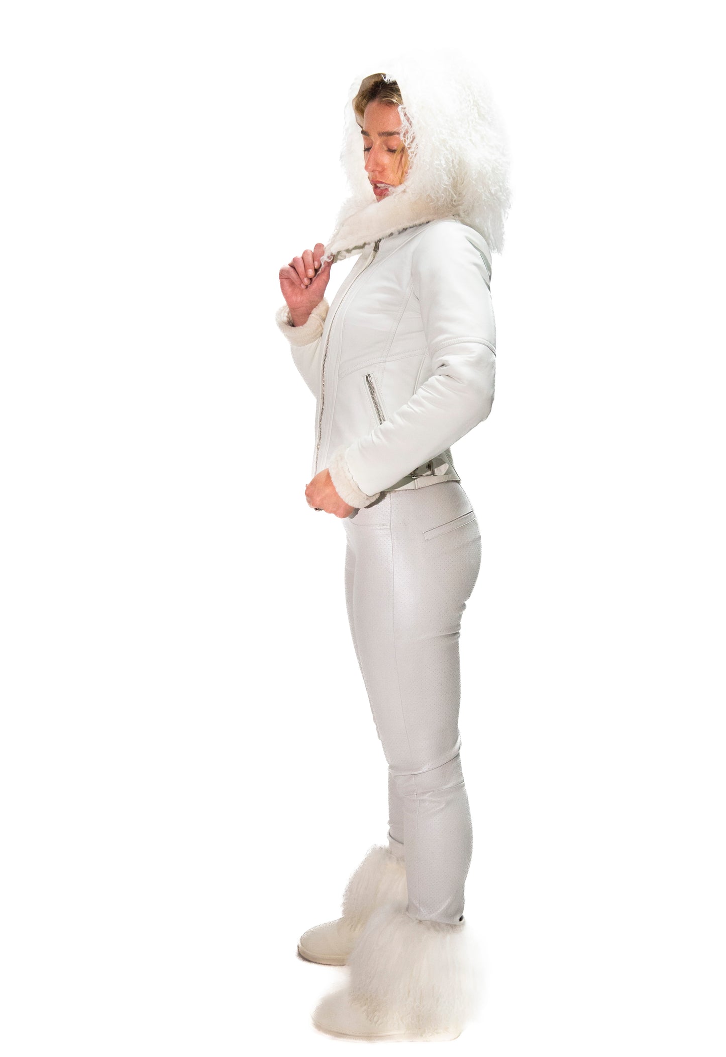 WHITE ITALIAN LAMB LEATHER MOTO JACKET WITH SHEARLING LINING