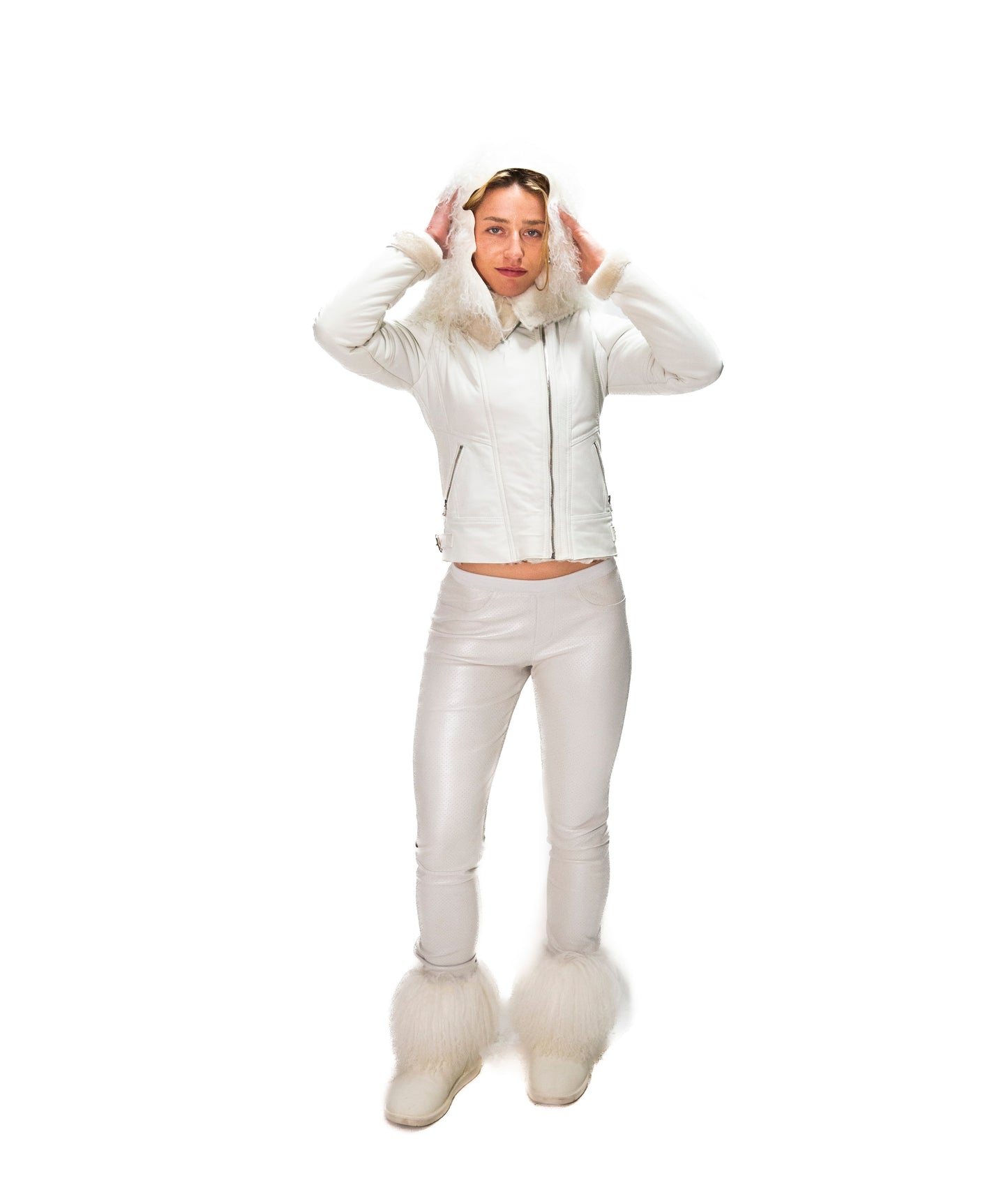 WHITE ITALIAN LAMB LEATHER MOTO JACKET WITH SHEARLING LINING