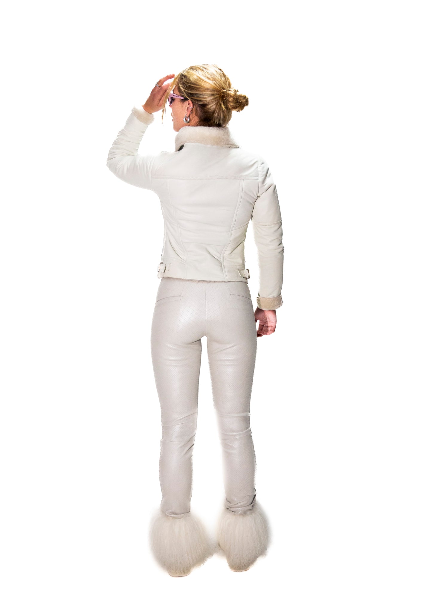 WHITE ITALIAN LAMB LEATHER MOTO JACKET WITH SHEARLING LINING