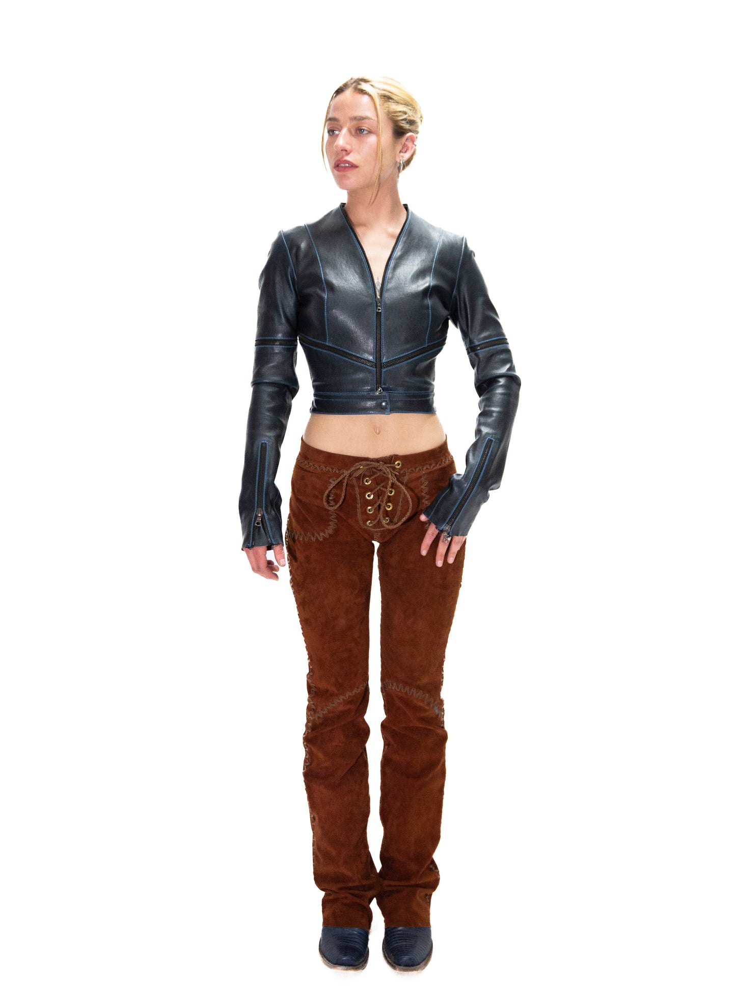 ITALIAN STRETCH LAMB WHIPPED STITCH SUEDE PANTS – RUST