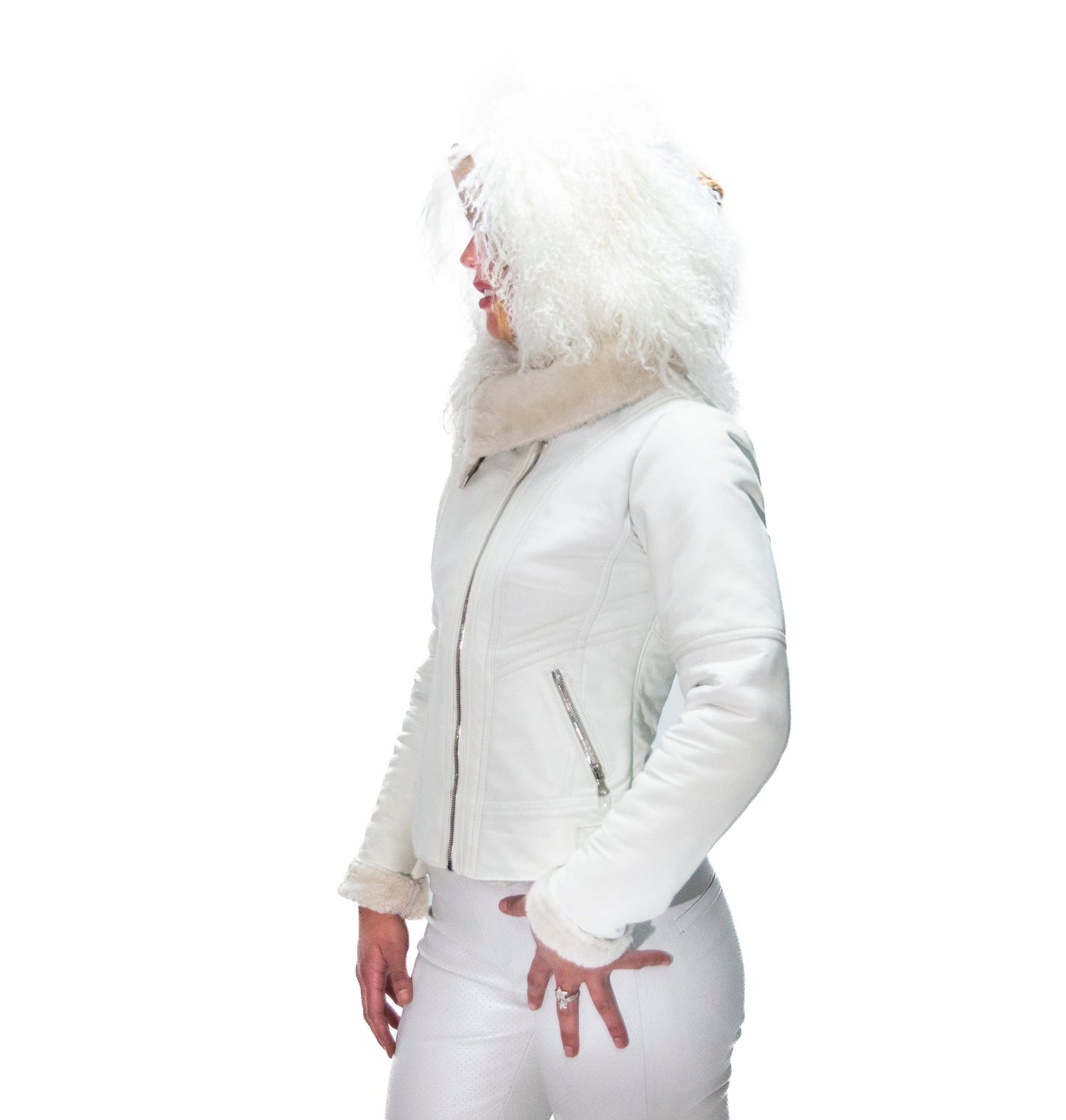 WHITE ITALIAN LAMB LEATHER MOTO JACKET WITH SHEARLING LINING