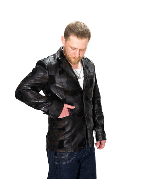 BLACK MOSAIC PATTERN ITALIAN LAMB LEATHER BLAZER