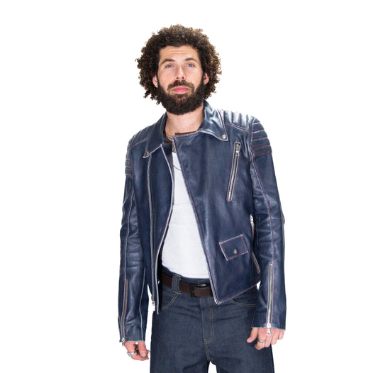 OCEAN BLUE FRENCH MAGIC STRETCH LEATHER MOTORCYCLE JACKET